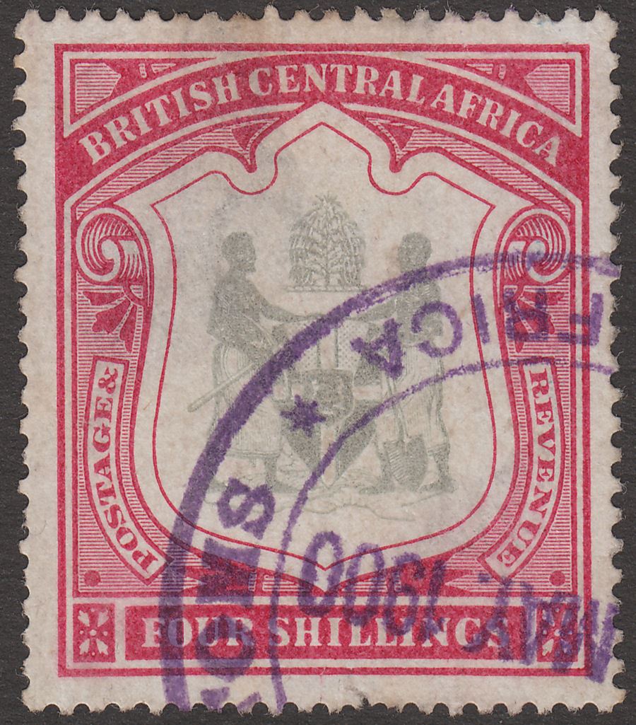 British Central Africa 1897 QV 4sh Black and Carmine Fiscally Used SG50 faults