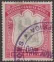 Click for more photos and details British Central Africa 1897 QV 4sh Black and Carmine Fiscally Used SG50 faults