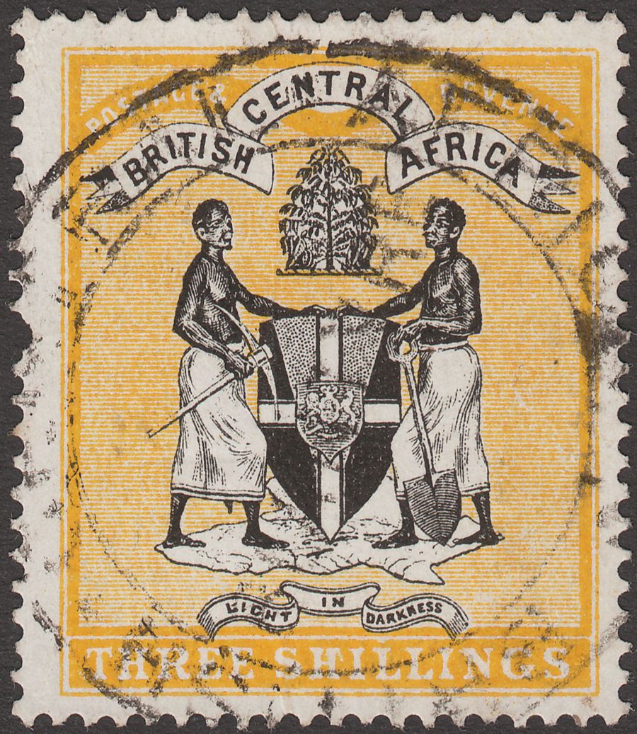 British Central Africa 1896 QV 3sh Black and Yellow Fiscally Used SG38 fault