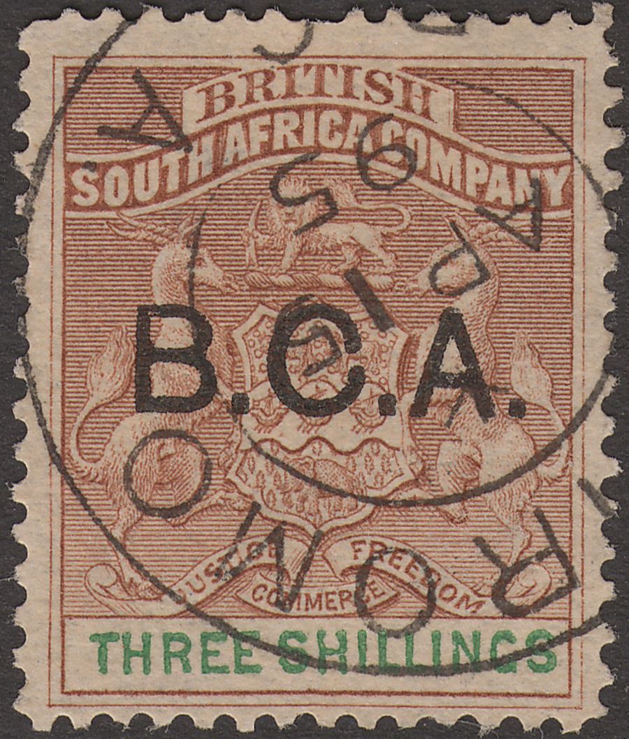 British Central Africa 1895 QV BCA Opt BSAC 3sh Brown + Green Used SG10 cat £90