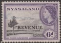 Click for more photos and details Nyasaland 1953 QEII Revenue Overprint 6d Violet and Black Used with ink cancel