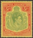 Click for more photos and details Nyasaland 1938 KGVI 5sh Pale Green and Red Chalky Paper Mint SG141