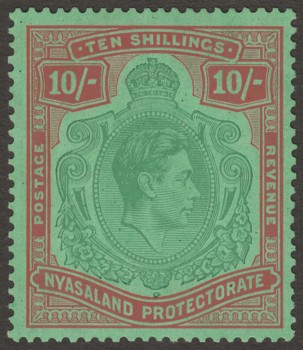 Nyasaland 1938 KGVI 10sh Bluish Green and Brown-Red on Pale Green SG142a