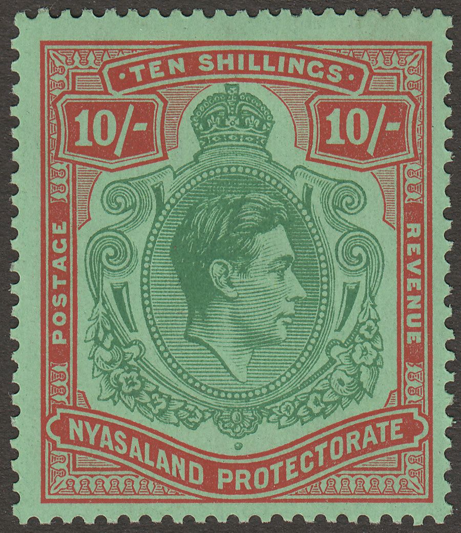 Nyasaland 1938 KGVI 10sh Emerald and Deep Red Mint SG142