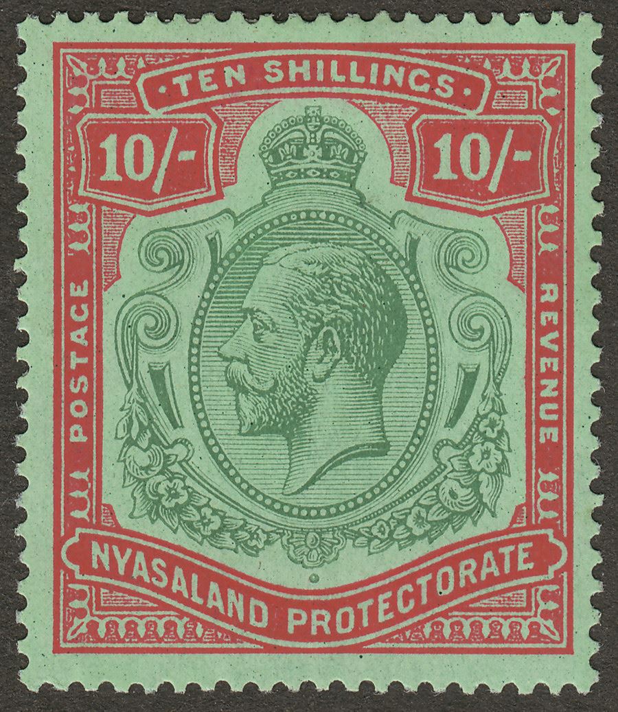 Nyasaland 1926 KGV 10sh Green and Red on Pale Emerald Mint SG113 cat £120