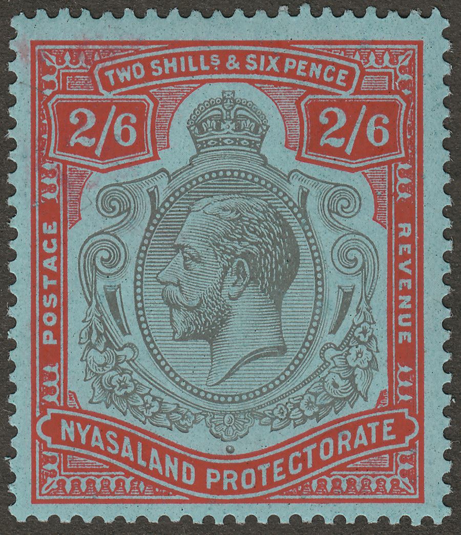 Nyasaland 1926 KGV 2sh6d Grey-Blk + Sc-Vermilion on Pl Blue Mint SG110j thin