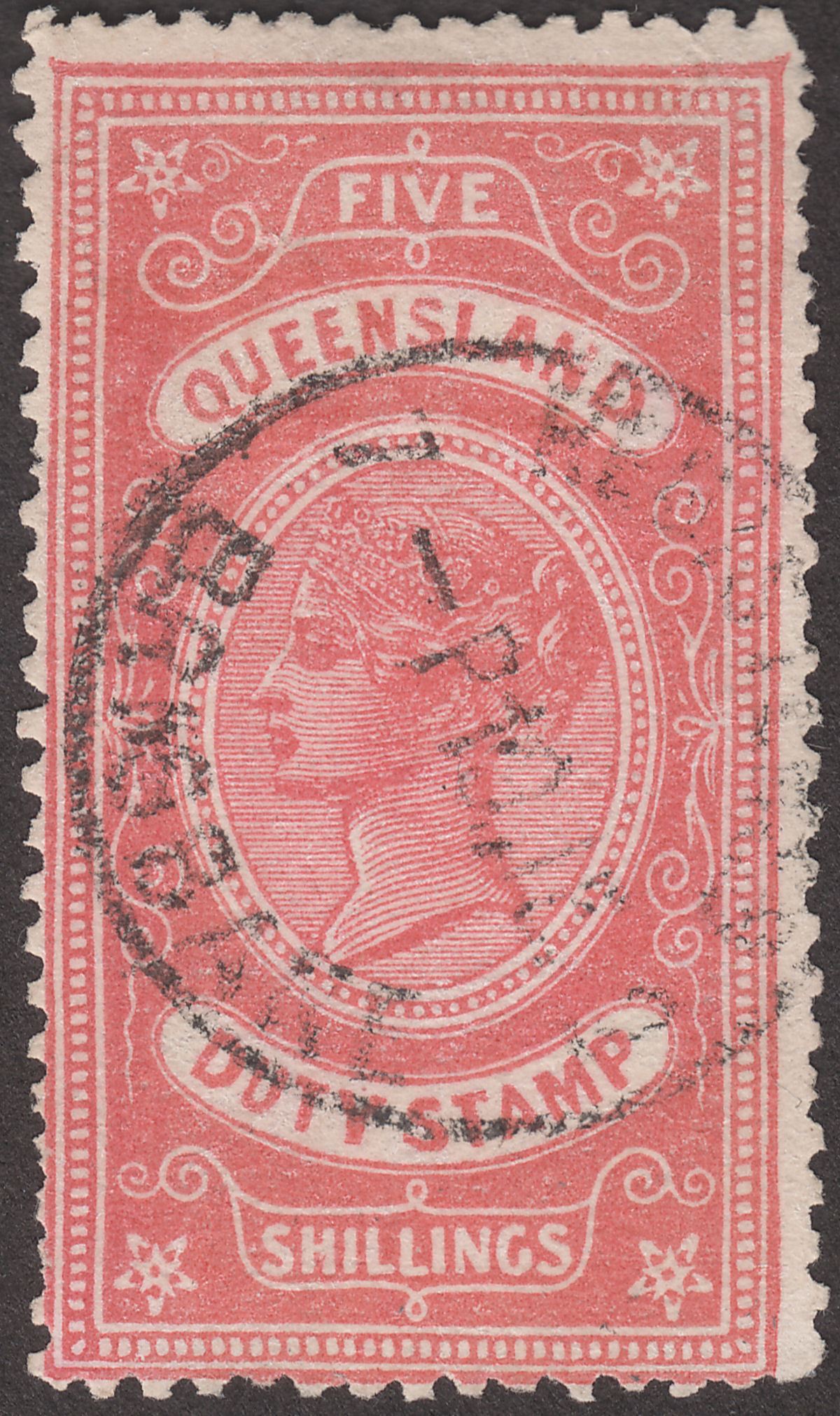 Queensland 1892 QV Duty Stamp Duty 5sh Used* SG Footnote unlikely looking cancel