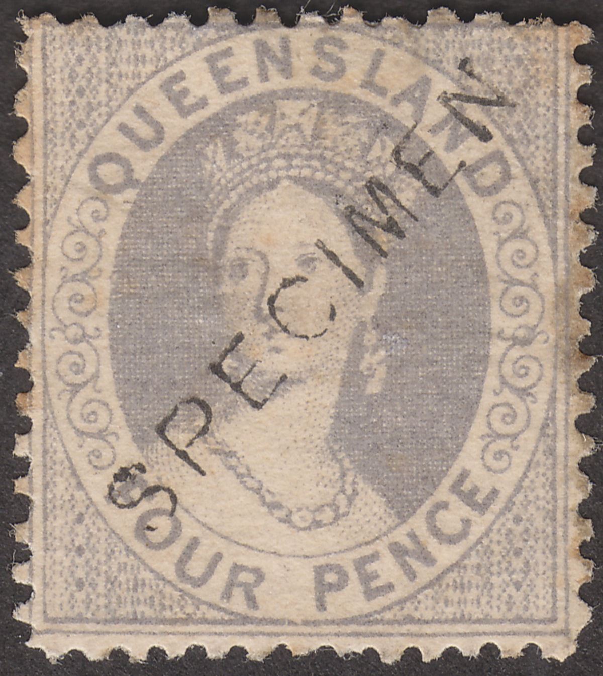 Queensland 1867 QV SPECIMEN Opt Chalon 4d Grey-Lilac Mint SG56s cat £60