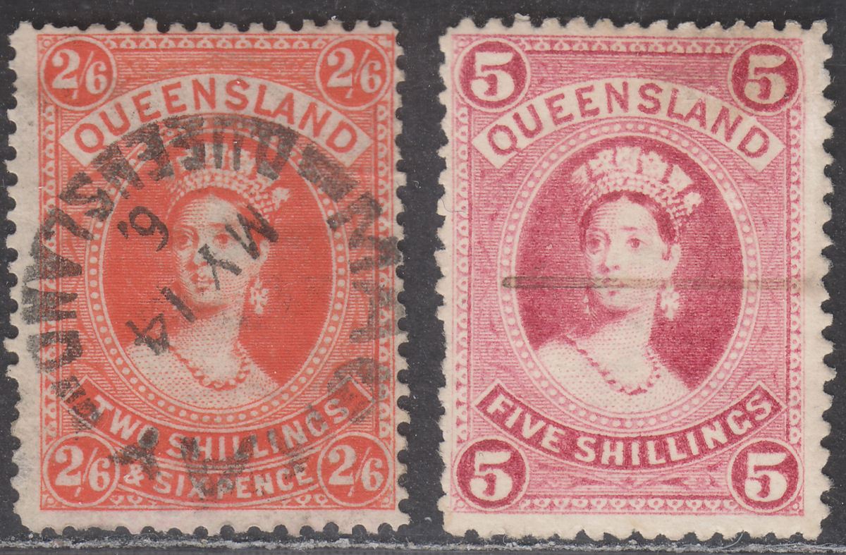 Queensland 1886-95 Queen Victoria 2sh6d postal + 5sh fiscal Used SG159 SG162