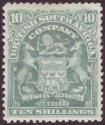 Click for more photos and details Rhodesia 1898 QV BSAC Mono Arms 10sh Grey-Green Mint SG89