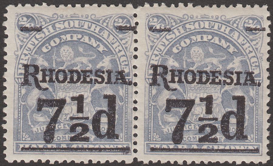 Rhodesia 1909 KEVII Mono Arms 7½d Bluish Grey Surcharge Pair Mint SG116 cat £13