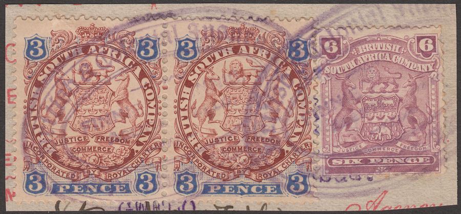 Rhodesia 1896-1902 Arms 6d, 3d, 3d Fiscally Used on Piece