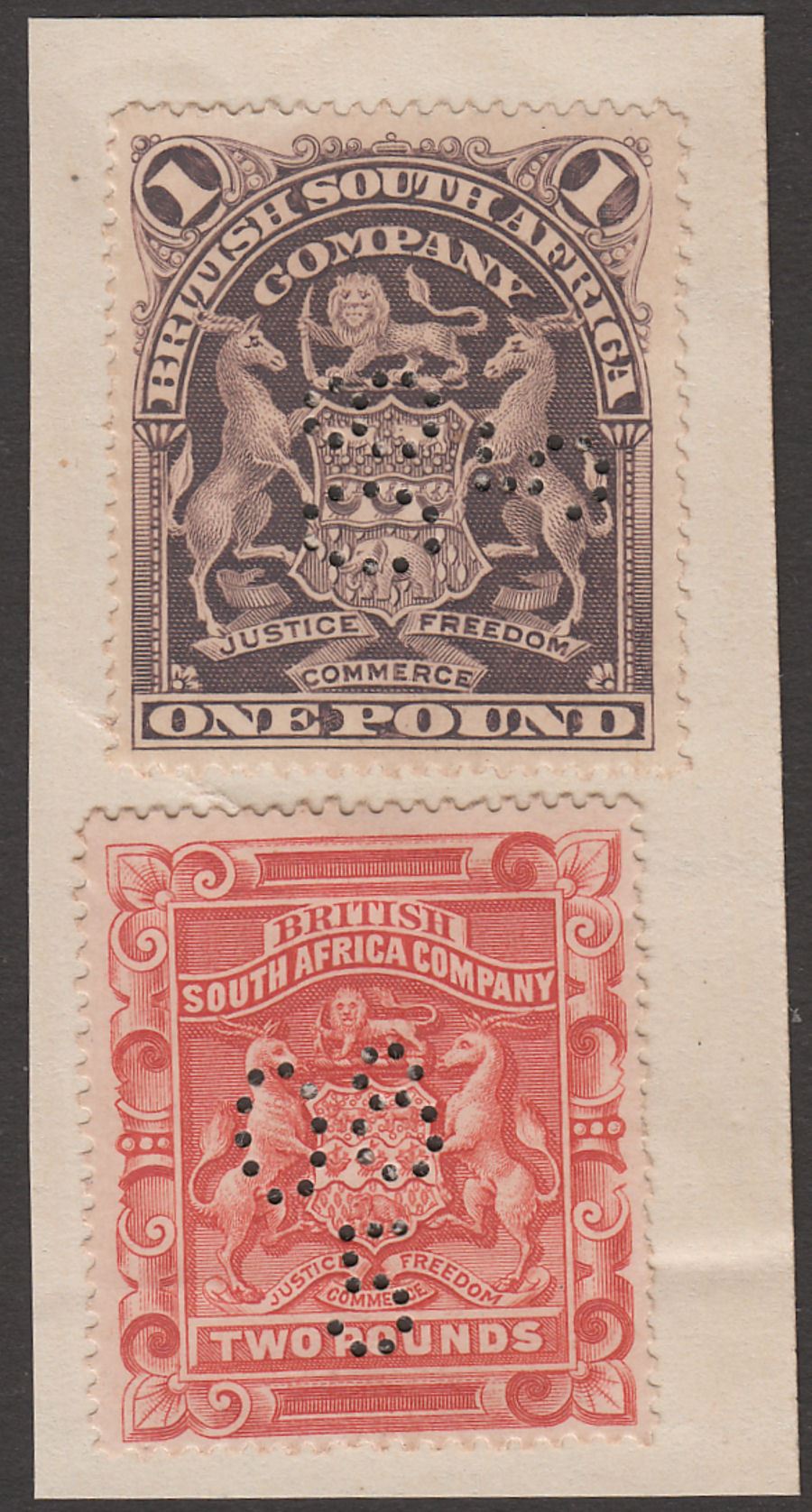 Rhodesia 1898 Arms £2, £1 Used on Piece Fiscal Date Perfin Revenue