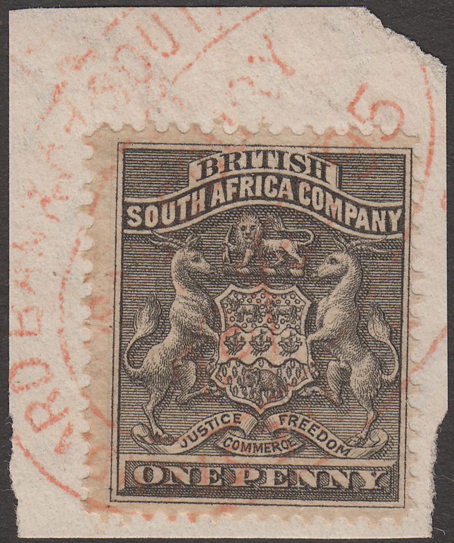 Rhodesia BSAC 1892 Mono Arms 1d Black Fiscal Used on Piece Revenue