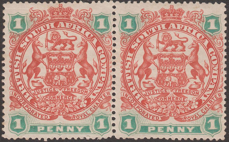 Rhodesia 1897 QV BSAC Large Arms 1d Scarlet and Emerald Pair Mint SG67 cat £24