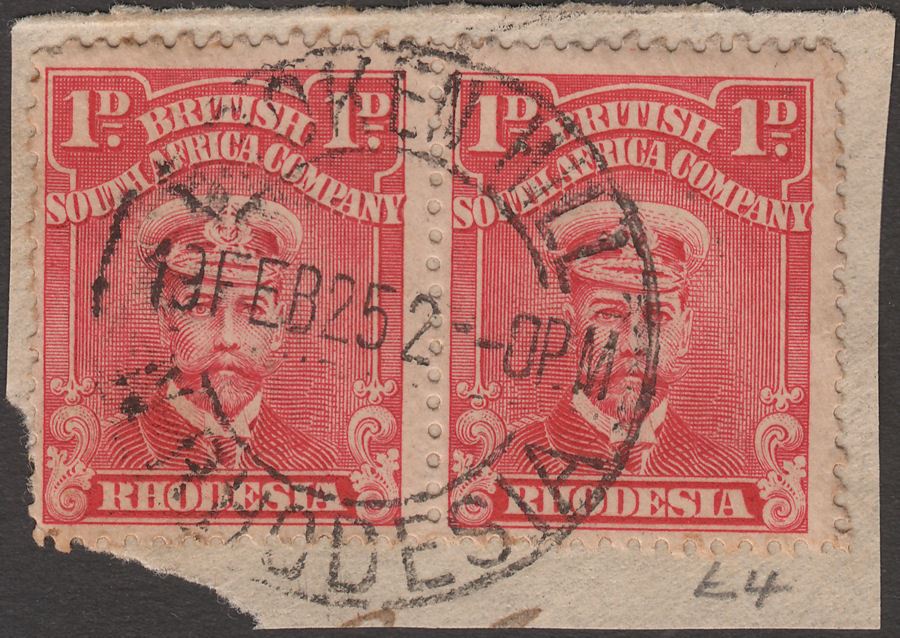 Rhodesia 1925 KGV Admiral 1d Red Pair Used on Piece with BROKEN HILL Postmark D6