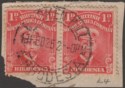 Click for more photos and details Rhodesia 1925 KGV Admiral 1d Red Pair Used on Piece with BROKEN HILL Postmark D6