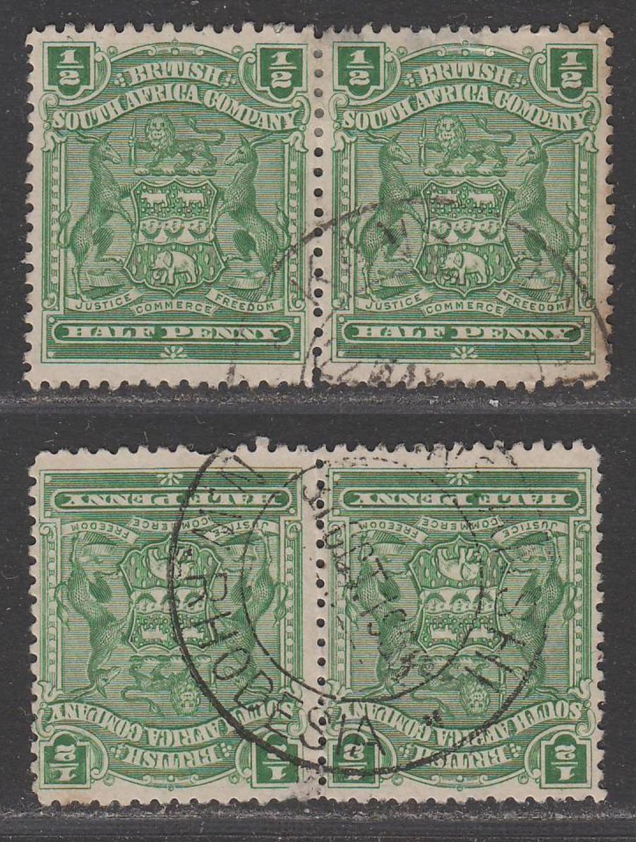 Rhodesia BSAC Mono Arms ½d Green Pairs Used with KANSANSHI Postmarks