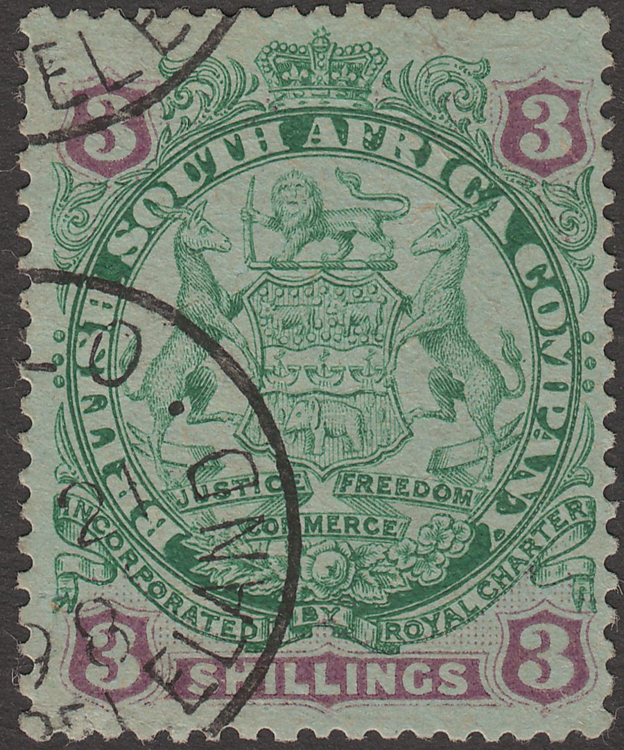 Rhodesia 1896 BSAC Large Arms 3sh Green and Mauve on Blue Used SG36 cat £42