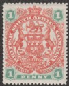 Click for more photos and details Rhodesia 1897 QV BSAC Large Arms 1d Scarlet and Emerald Mint SG67