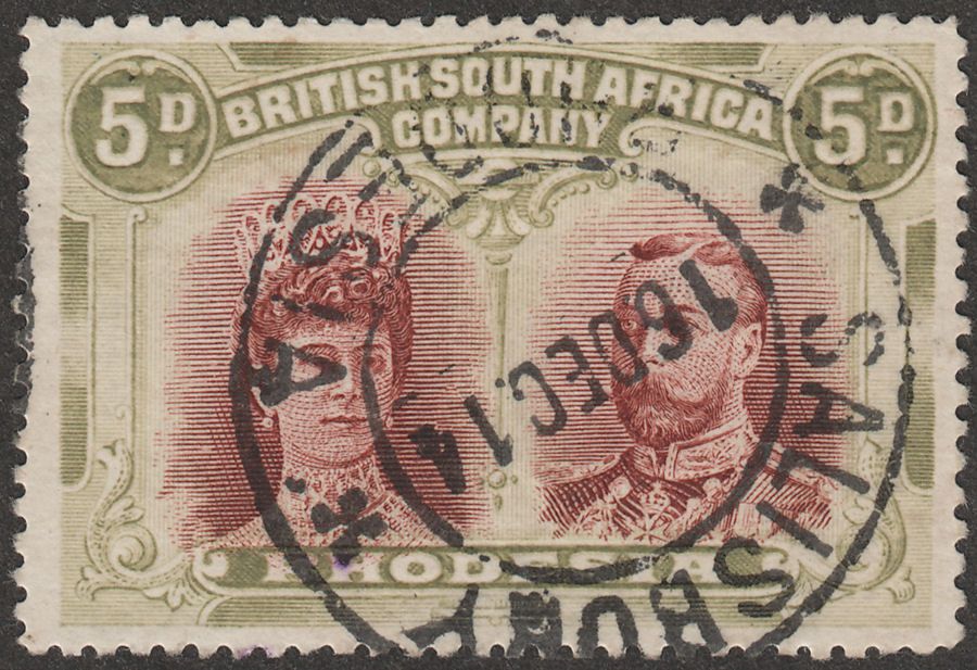 Rhodesia 1910 KGV Double Head 5d Lake-Brown and Olive p15 Used SG175