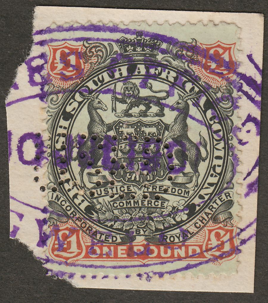 Rhodesia BSAC 1897 QV £1 Used Piece SG73 Fiscal MINES OFFICE GWELO Revenue