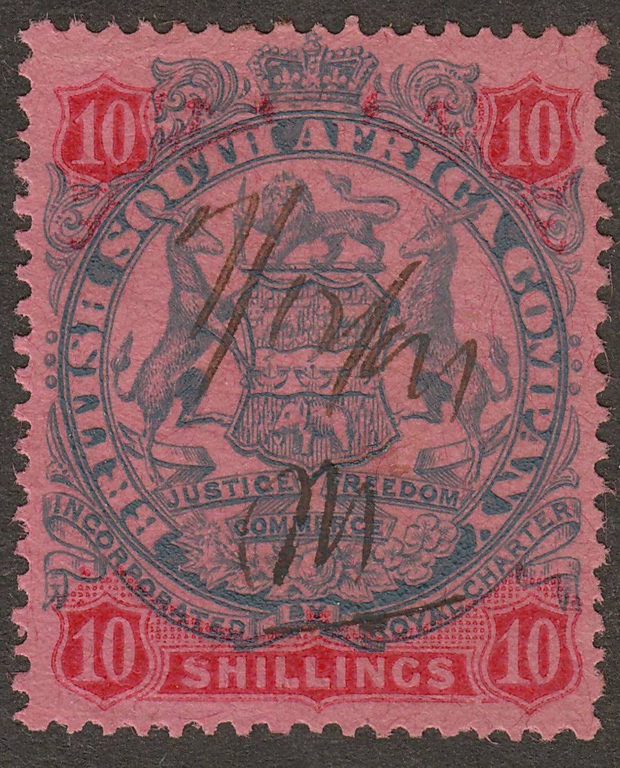 Rhodesia BSAC 1897 Large Arms QV 10sh Used SG50 with Fiscal Ink Cancel Revenue