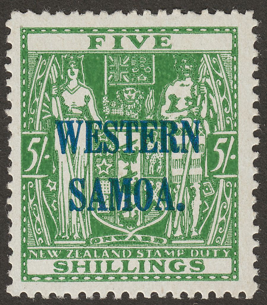 Samoa 1942 KGVI Postal Fiscal 5sh Green on Wiggins Teape Paper Mint SG194a