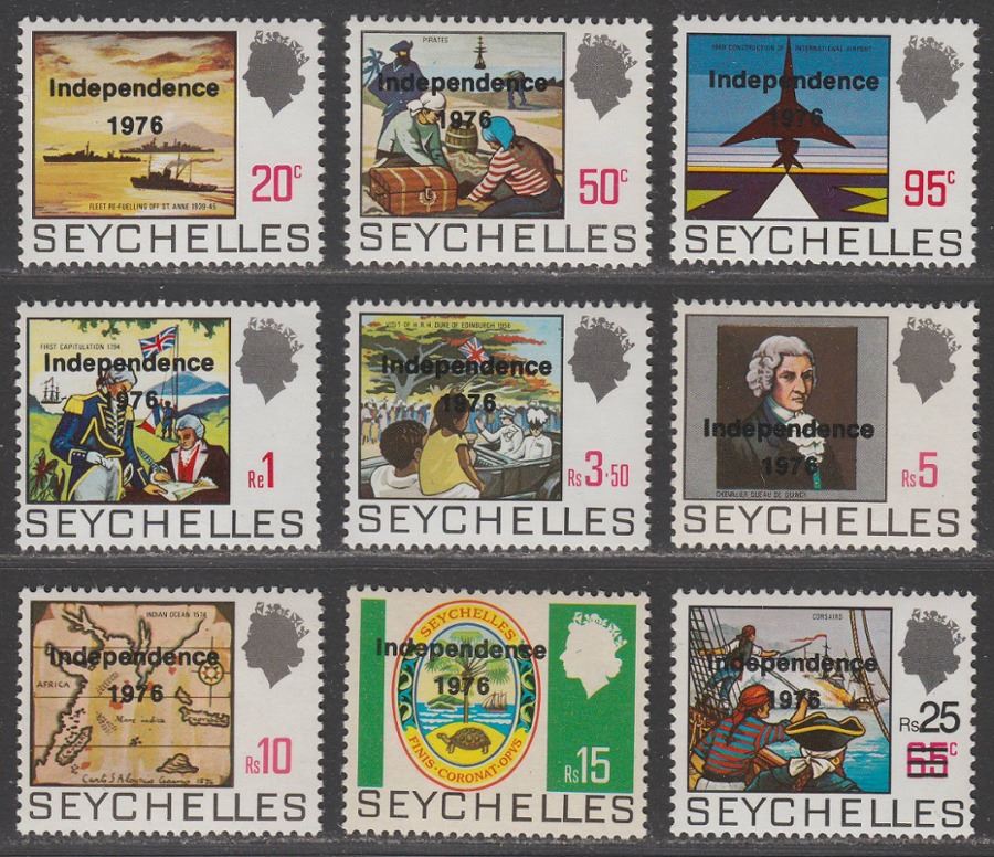 Seychelles 1976 QEII Independence Overprint Set UM Mint SG374-382 cat £15 MNH