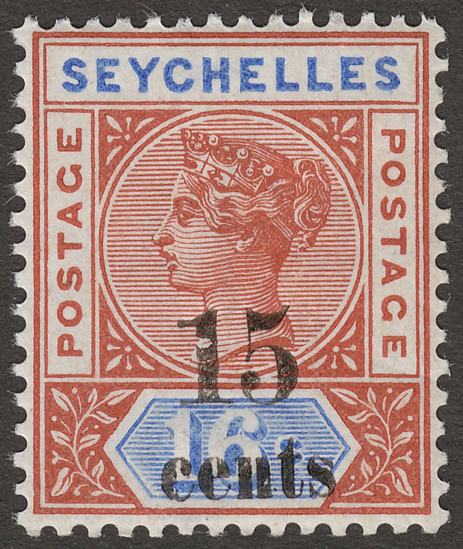Seychelles 1893 QV 15c Surcharge on 16c Chestnut + Ultramarine Die II Mint SG19