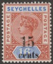Click for more photos and details Seychelles 1893 QV 15c Surcharge on 16c Chestnut + Ultramarine Die II Mint SG19