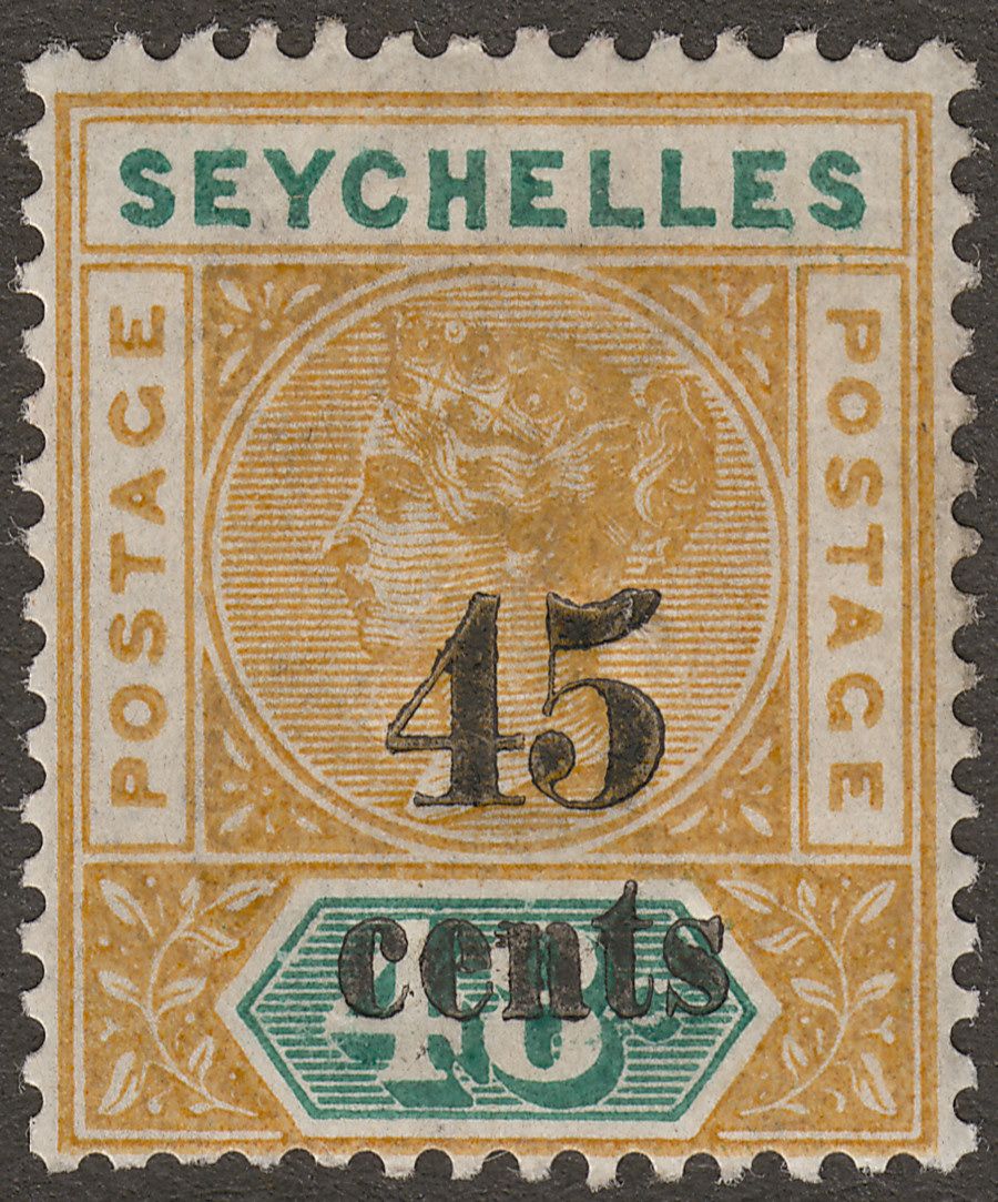 Seychelles 1893 QV 45c Surcharge on 48c Ochre and Green Mint SG20