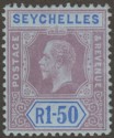 Click for more photos and details Seychelles 1918 KGV 1r50c Reddish Purple and Blue on Blue Die I Mint SG95