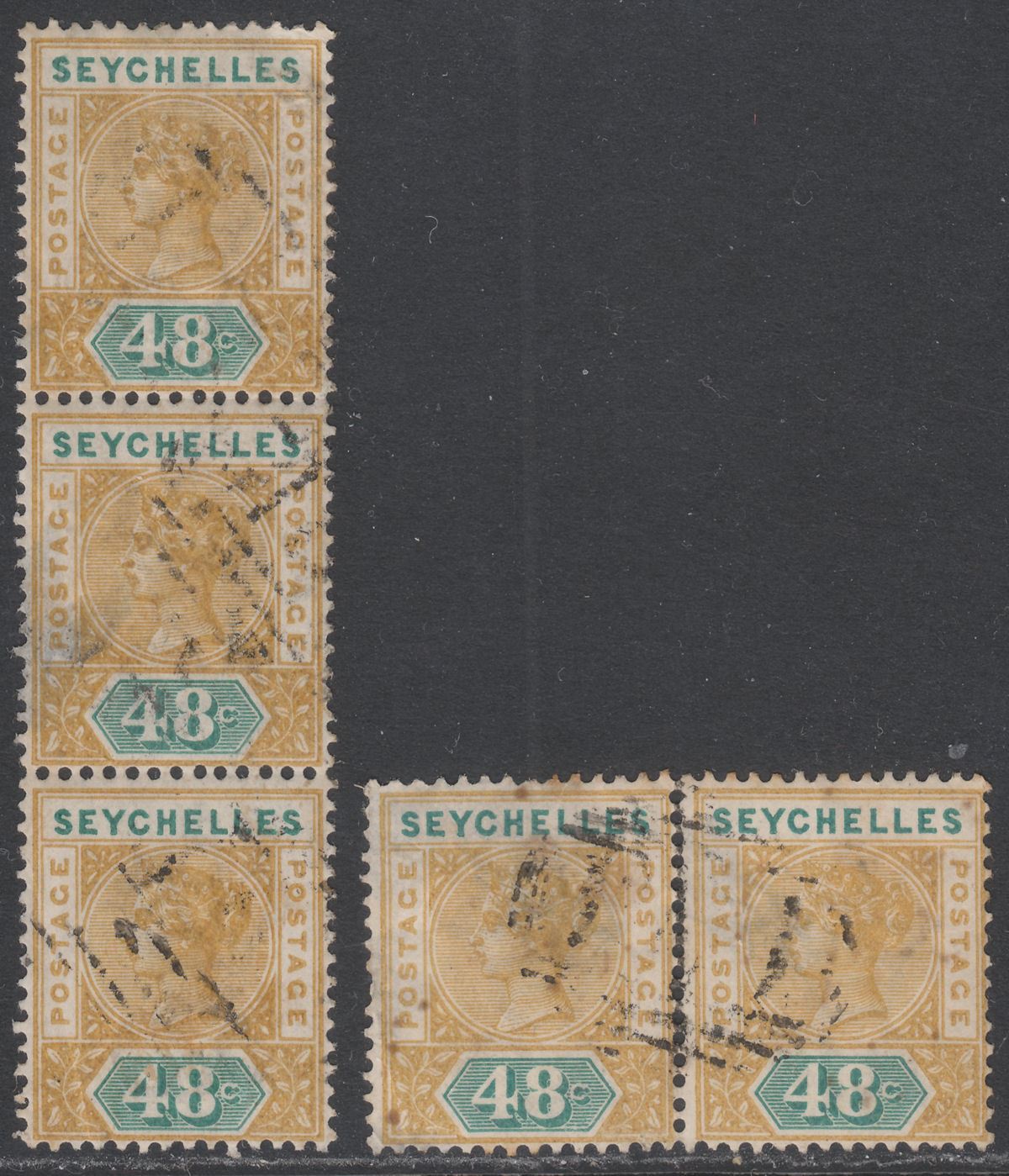 Seychelles 1890 Queen Victoria 48c Ochre and Green Selection Used SG7 - FAULTY