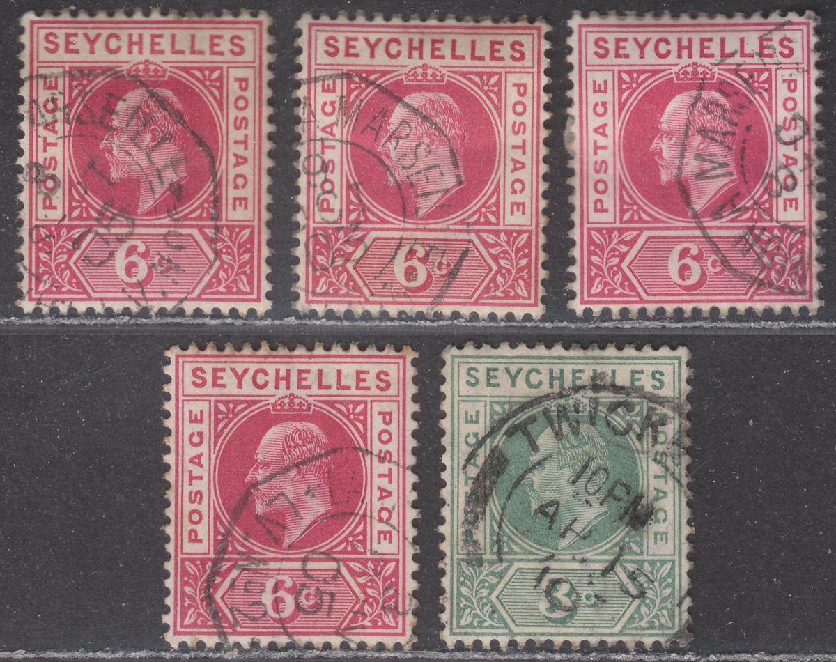 Seychelles KEVII 6c, 3c Used w REUNION / MARSEILLE Postmarks + GB TWICKENHAM