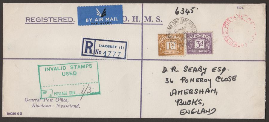 Rhodesia 1966 OHMS PAID UDI Cover to UK w 1sh + 3d Postage Dues Invalid Cachet