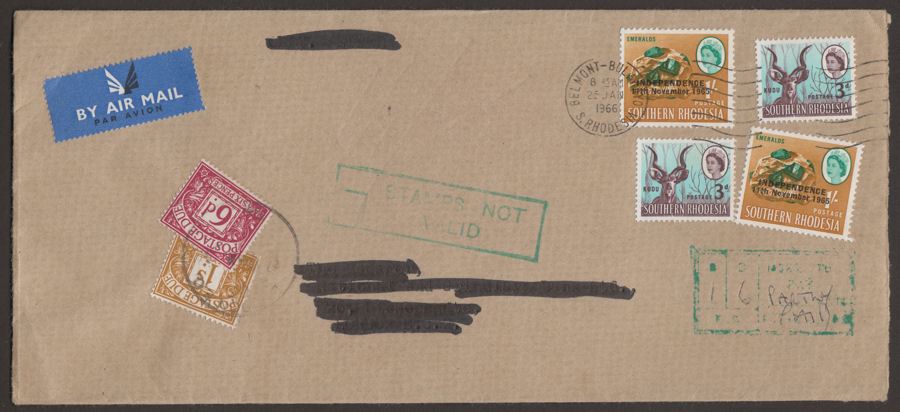 Rhodesia 1966 UDI Cover to UK w 1sh + 6d Postage Dues Stamps Invalid Cachet
