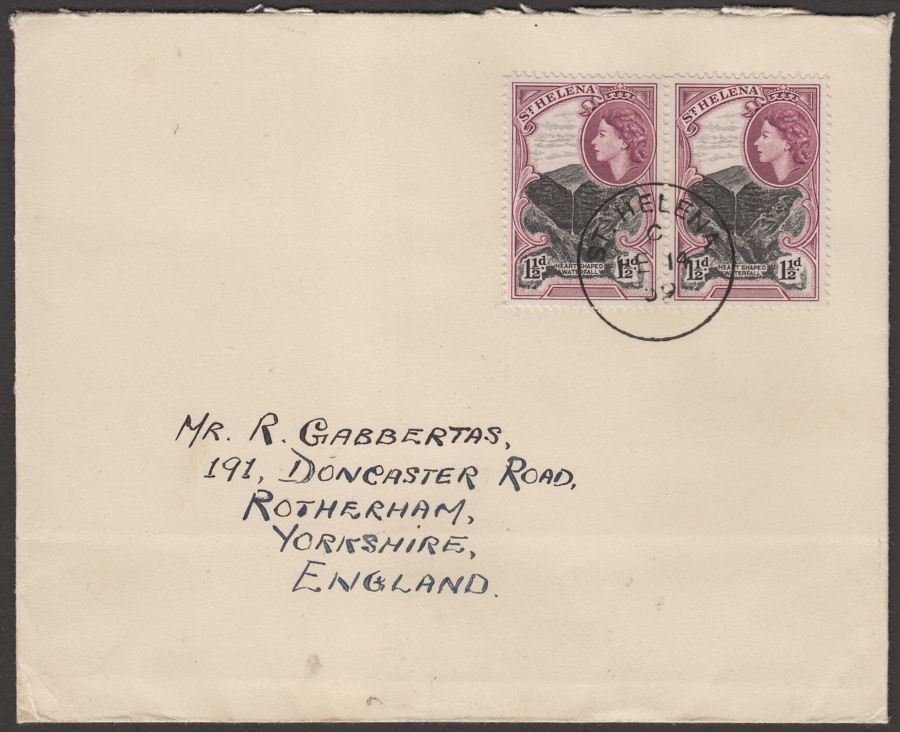 St Helena 1959 QEII 1½d x2 Used on Union-Castle Line Cover to UK SS Kenya Castle