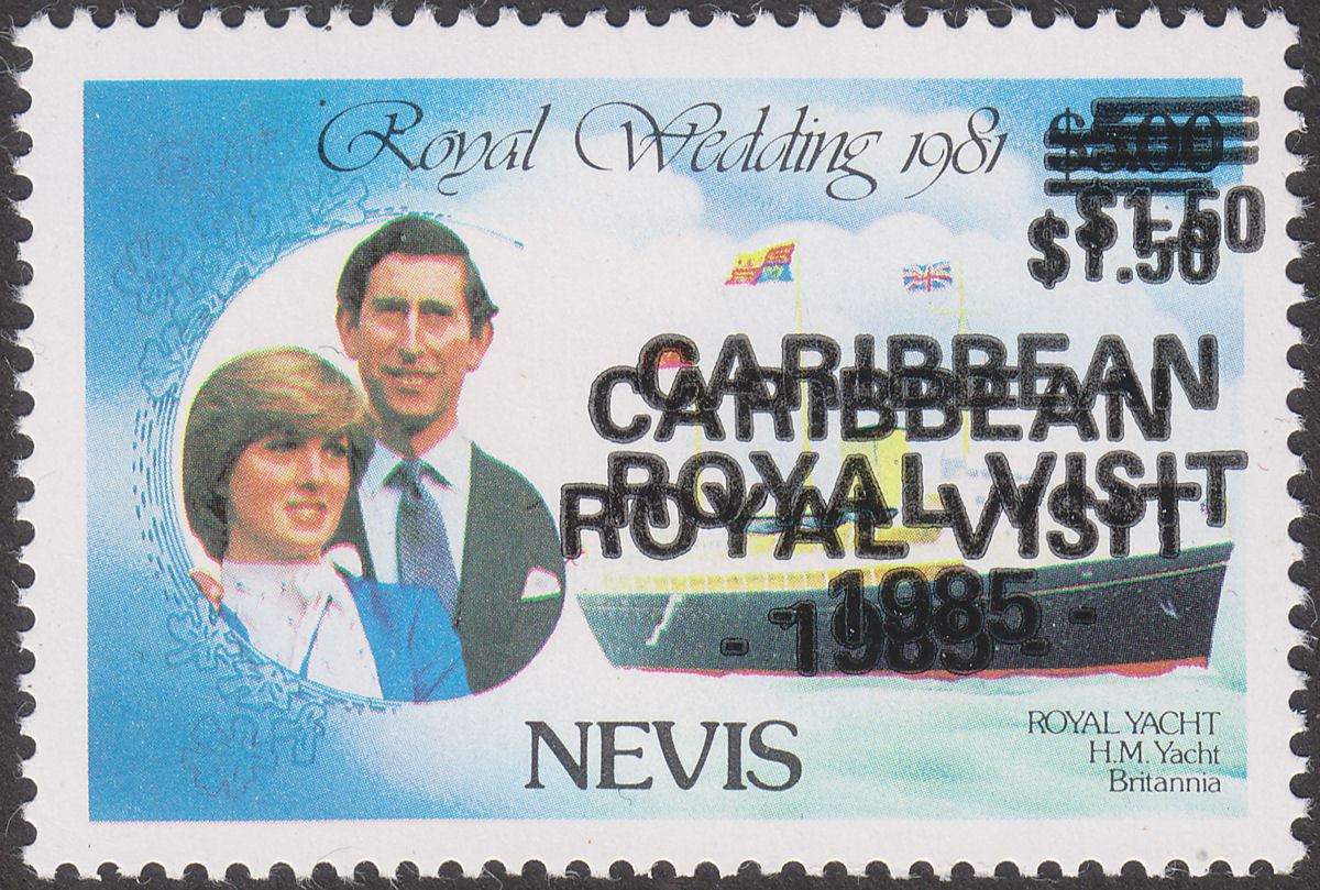 Nevis 1985 QEII Royal Visit $1.50 Surch on $5 Overprint Double Mint SG345 var