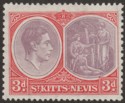 St Kitts-Nevis 1938 KGVI 3d Dull Reddish Purple and Scarlet p13x12 Ord Mint SG73