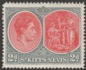 St Kitts-Nevis 1942 KGVI 2d Scarlet and Deep Grey p14 Ordinary Mint SG71ba