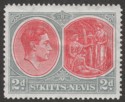 St Kitts-Nevis 1943 KGVI 2d Scarlet and Pale Grey p14 Ordinary Mint SG71b