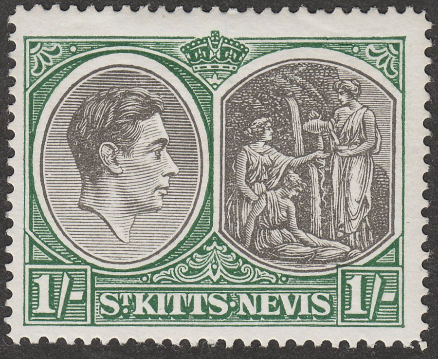 St Kitts-Nevis 1950 KGVI 1sh Black and Green p14 Chalky Mint SG75c
