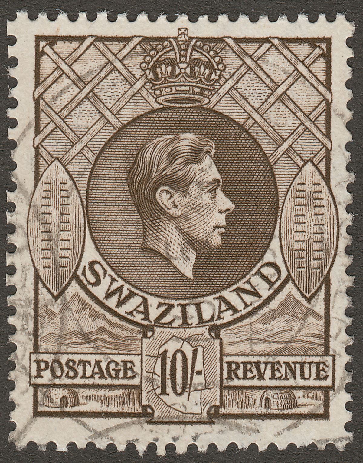 Swaziland 1938 KGVI 10sh Sepia perf 13½x13 Used SG38
