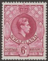 Swaziland 1954 KGVI 6d Claret p13½x14 Mint SG34c