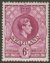 Swaziland 1944 KGVI 6d Reddish Purple p13½x14 Mint SG34b