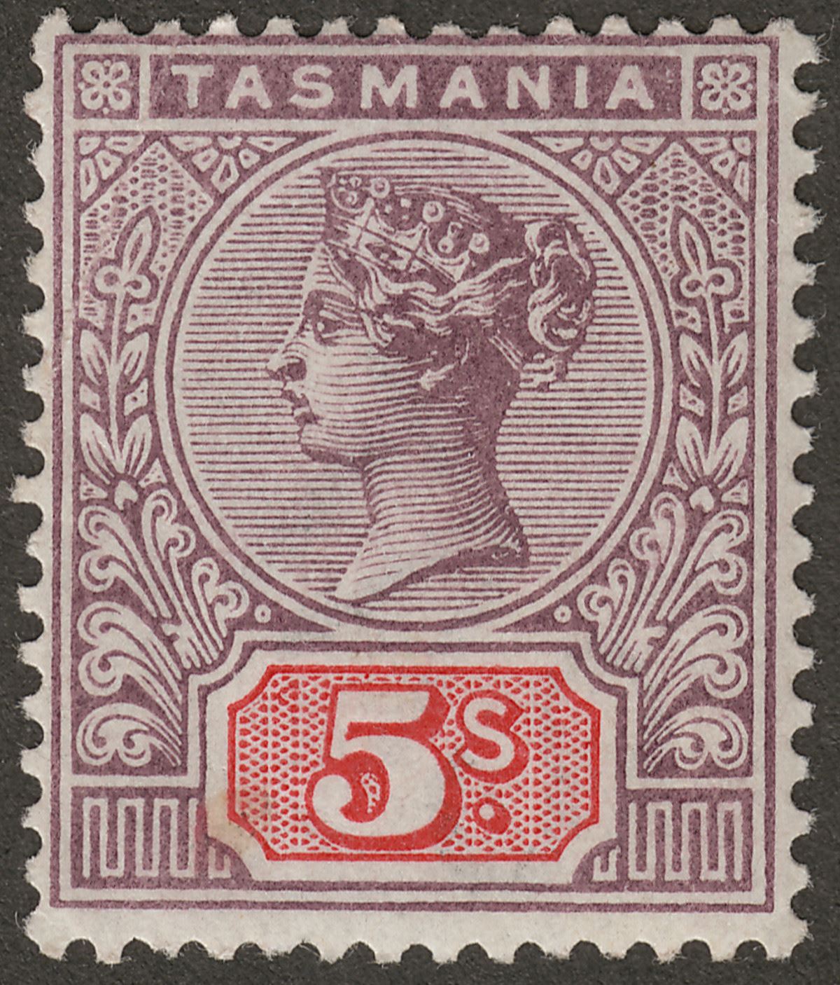 Tasmania 1897 Queen Victoria 5sh Lilac and Red Mint SG223 cat £90 crease