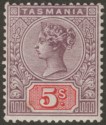 Click for more photos and details Tasmania 1897 Queen Victoria 5sh Lilac and Red Mint SG223 cat £90 crease