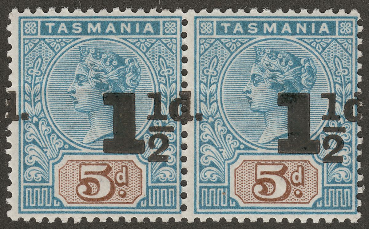 Tasmania 1904 QV 1½d Misplaced Surcharge on 5d Blue and Brown Pair Mint SG244