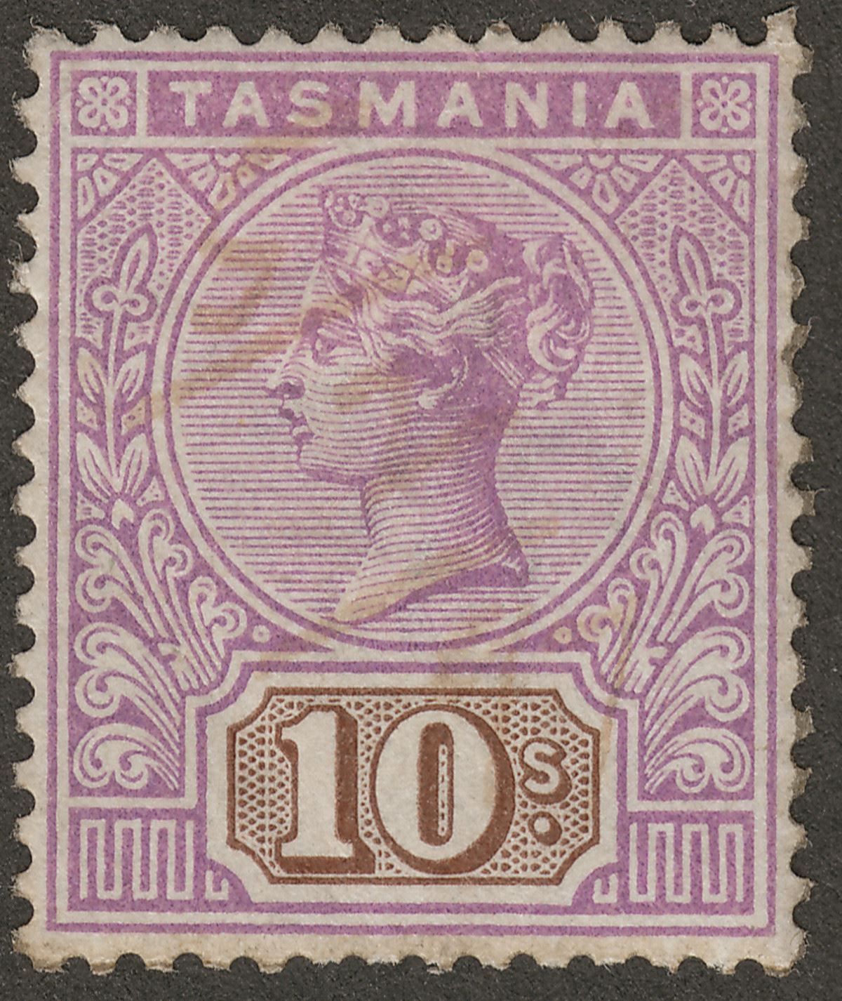 Tasmania 1892 Queen Victoria 10sh Mauve and Brown Cleaned Fiscal SG224 spacefill